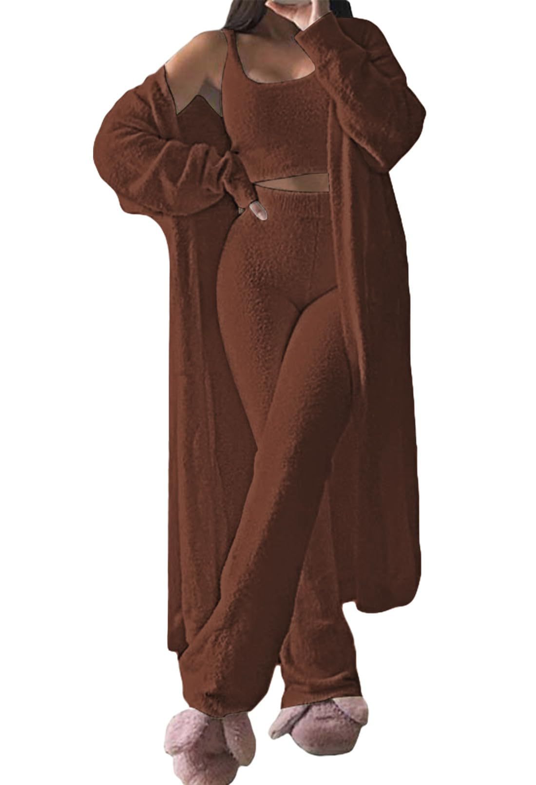 Dame komfortabel strik-loungewear-sæt med cardigan og dyb talje Stilla