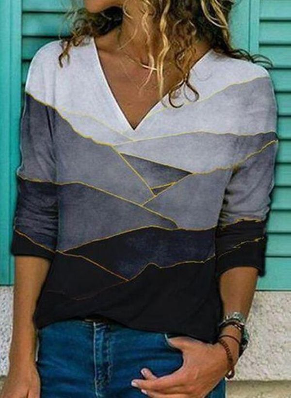 Stilla | Fashionable Print V Hals Langærmet T-shirt