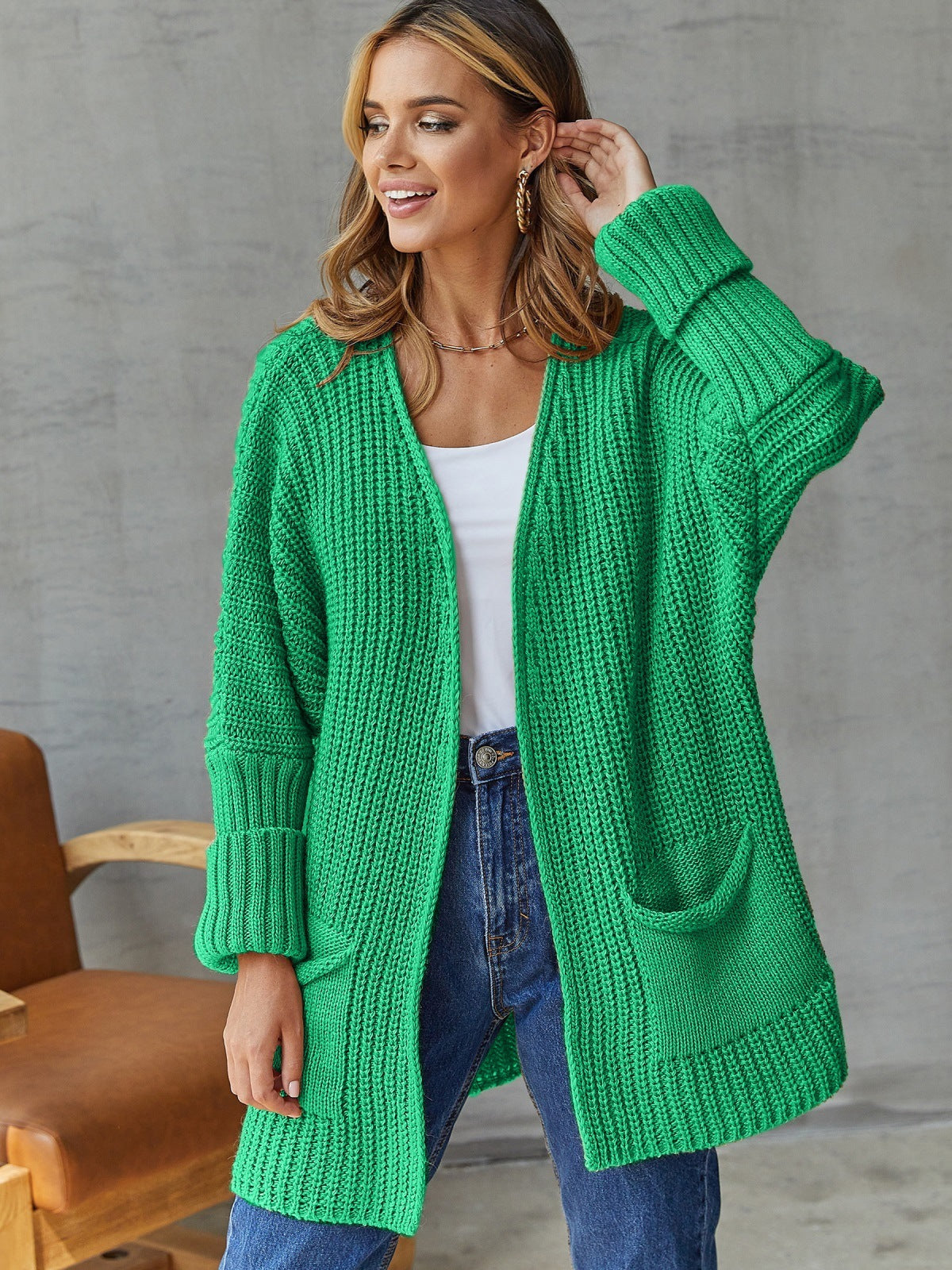 Femme Struktureret Åben Strikcardigan med Lomme detaljer Stilla