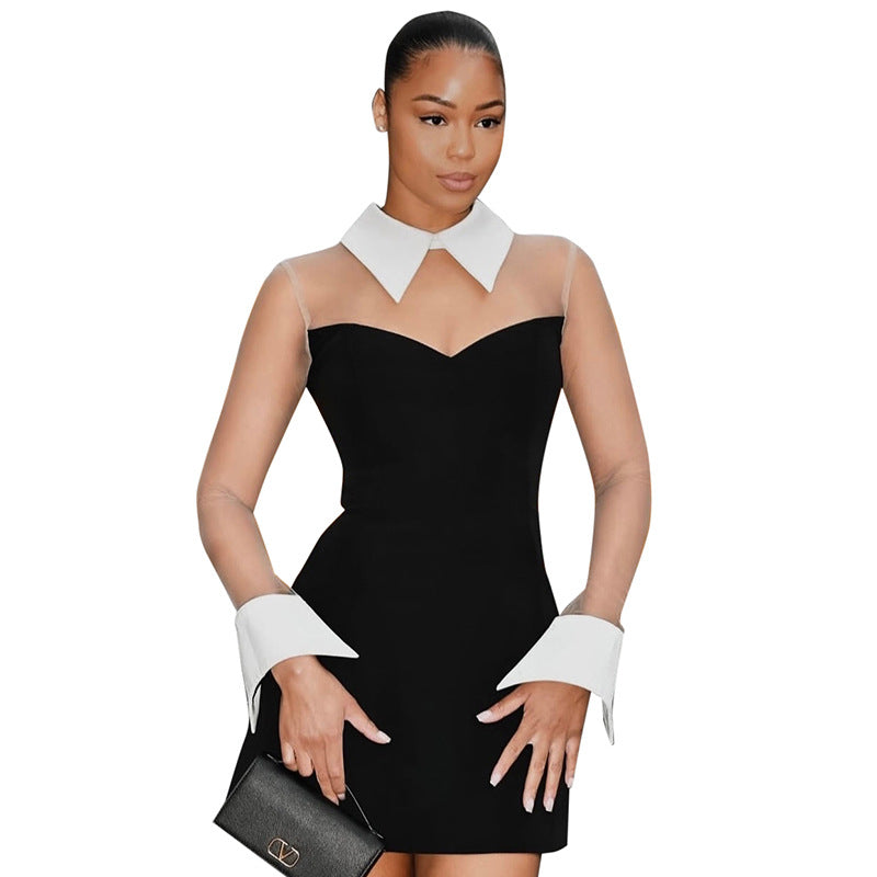Dame elegant kjole med transparente ærmer og krave Stilla