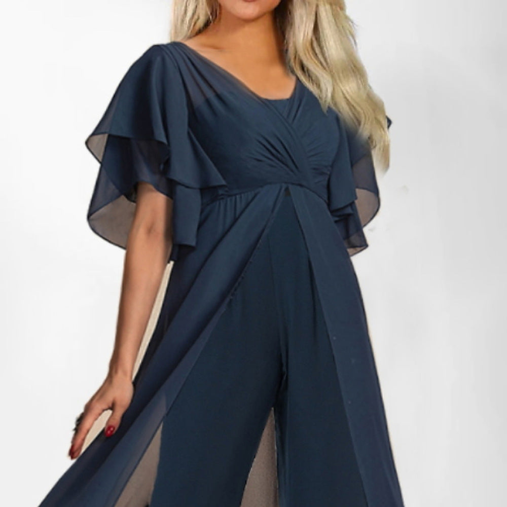 Dame Elegant Palazzo-jumpsuit med svajende ærmer og gennemsigtige indsatser Stilla