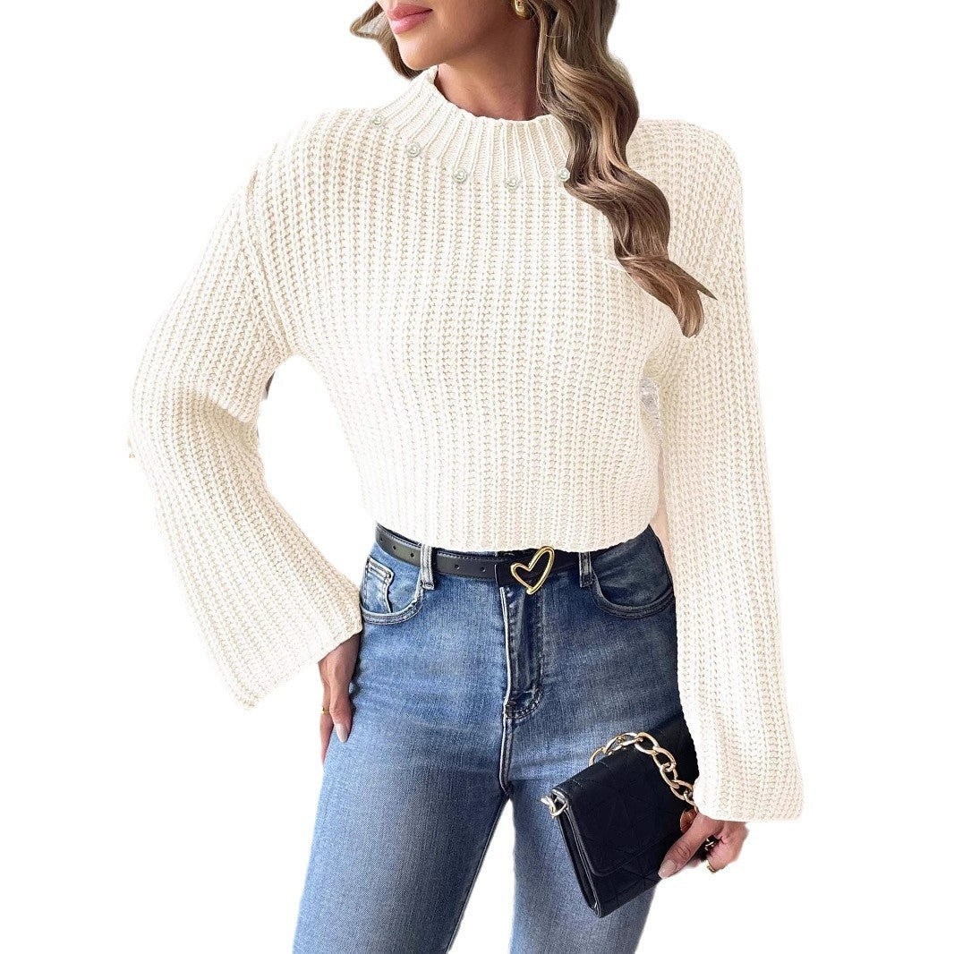 Dame trendy sweater med bred arm og perle detaljer Stilla