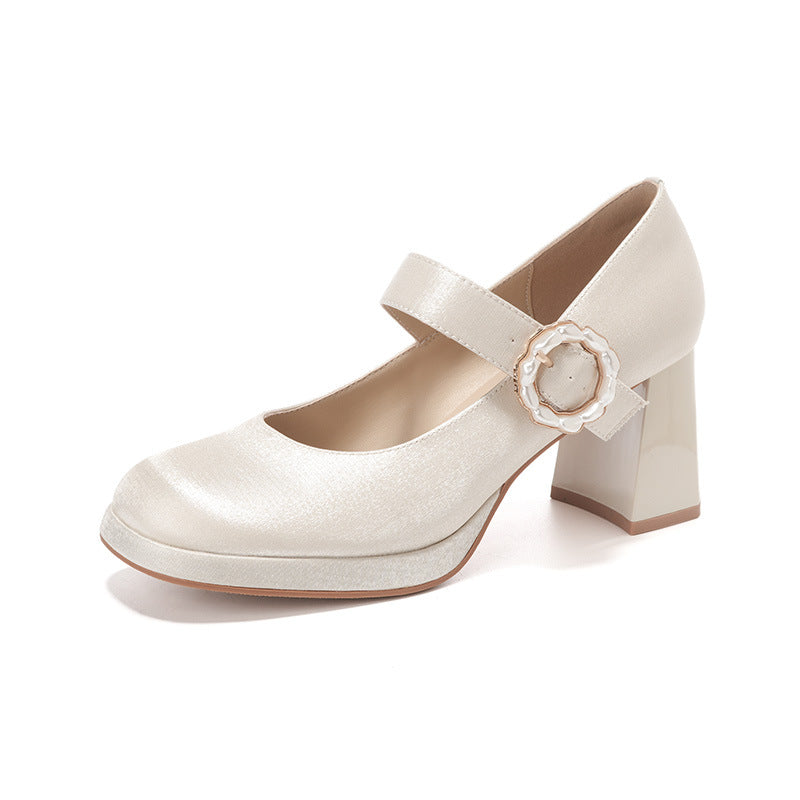 Dame Elegant Blokhæl Mary Jane Pumps med Dekorativ Perlelukning Stilla