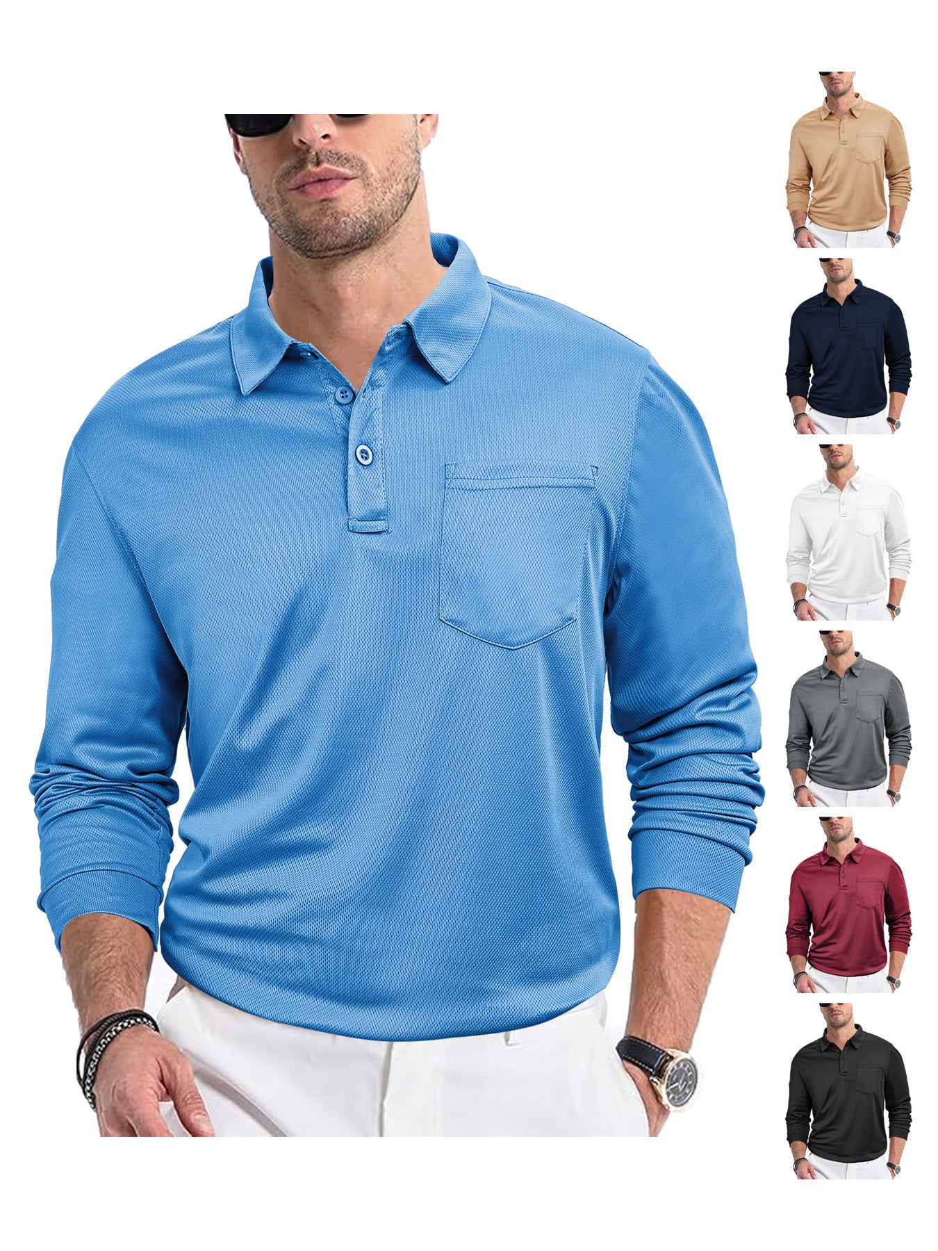 Herrer langærmet poloshirt med struktureret stof og praktisk brystlomme Stilla