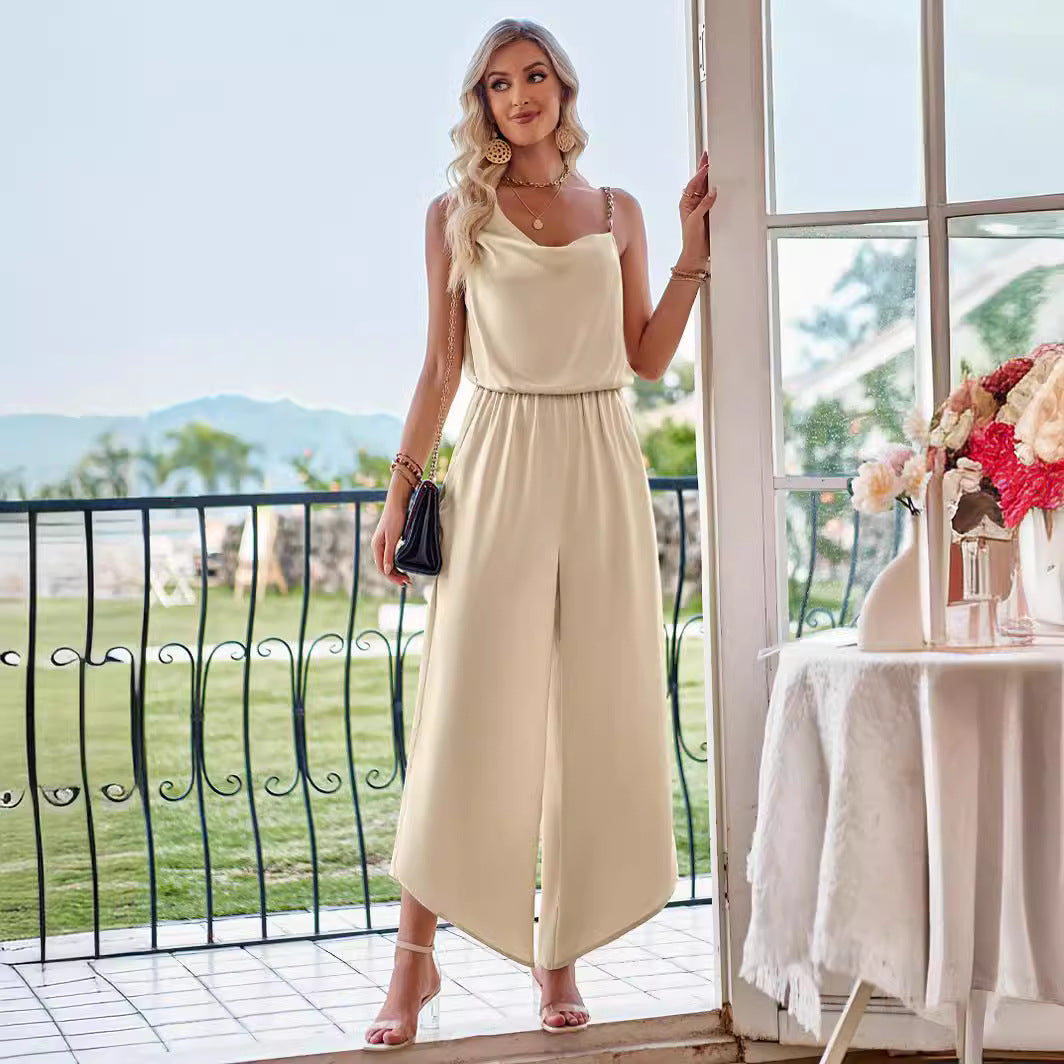 Dame elegant jumpsuit med asymmetrisk udskæring og bredt ben Stilla