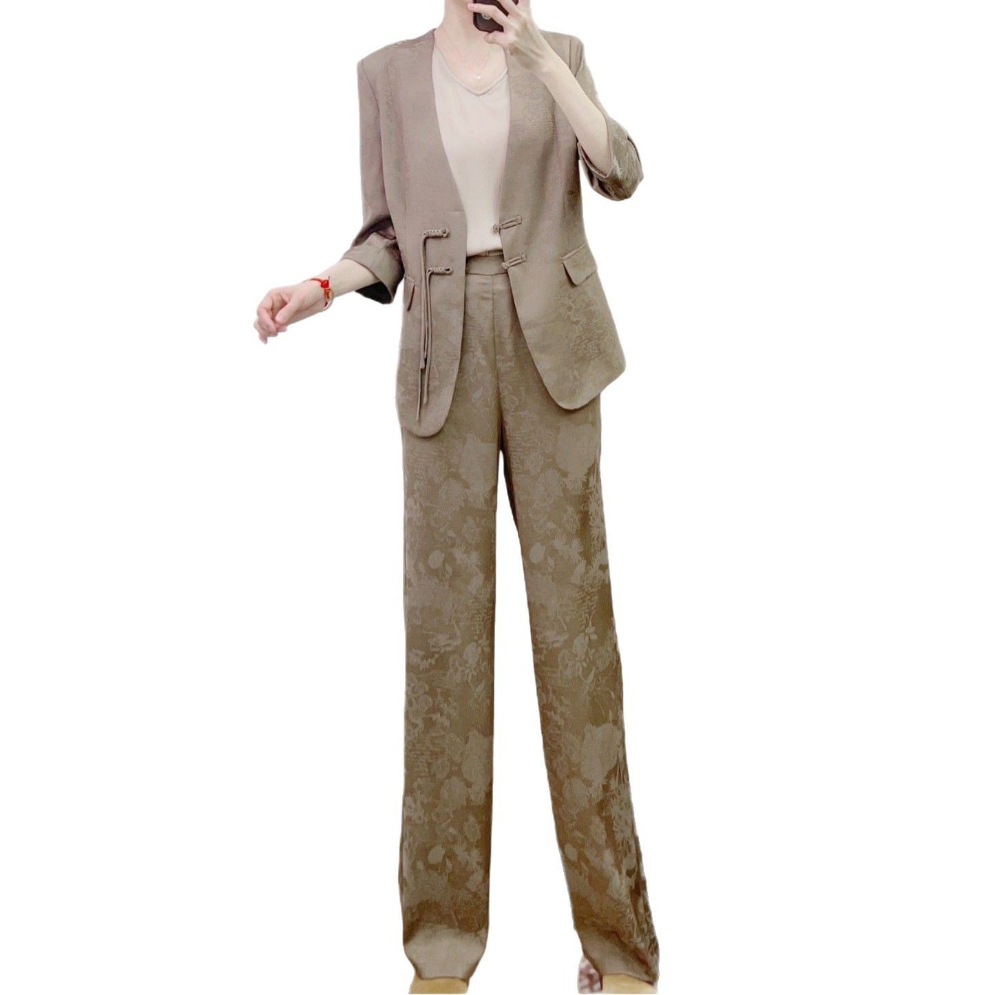 Dame Elegant blazer-buks-sæt med blomster mønster og dristige detaljer Stilla