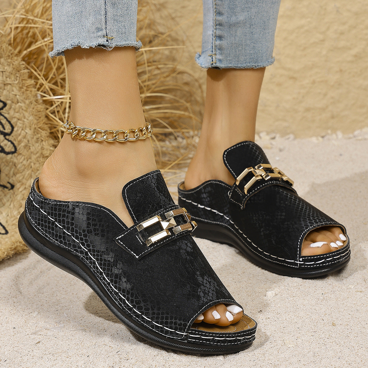 Dame Åbne Pantoletten med modig Leopardmønster og komfortabel Sål Stilla