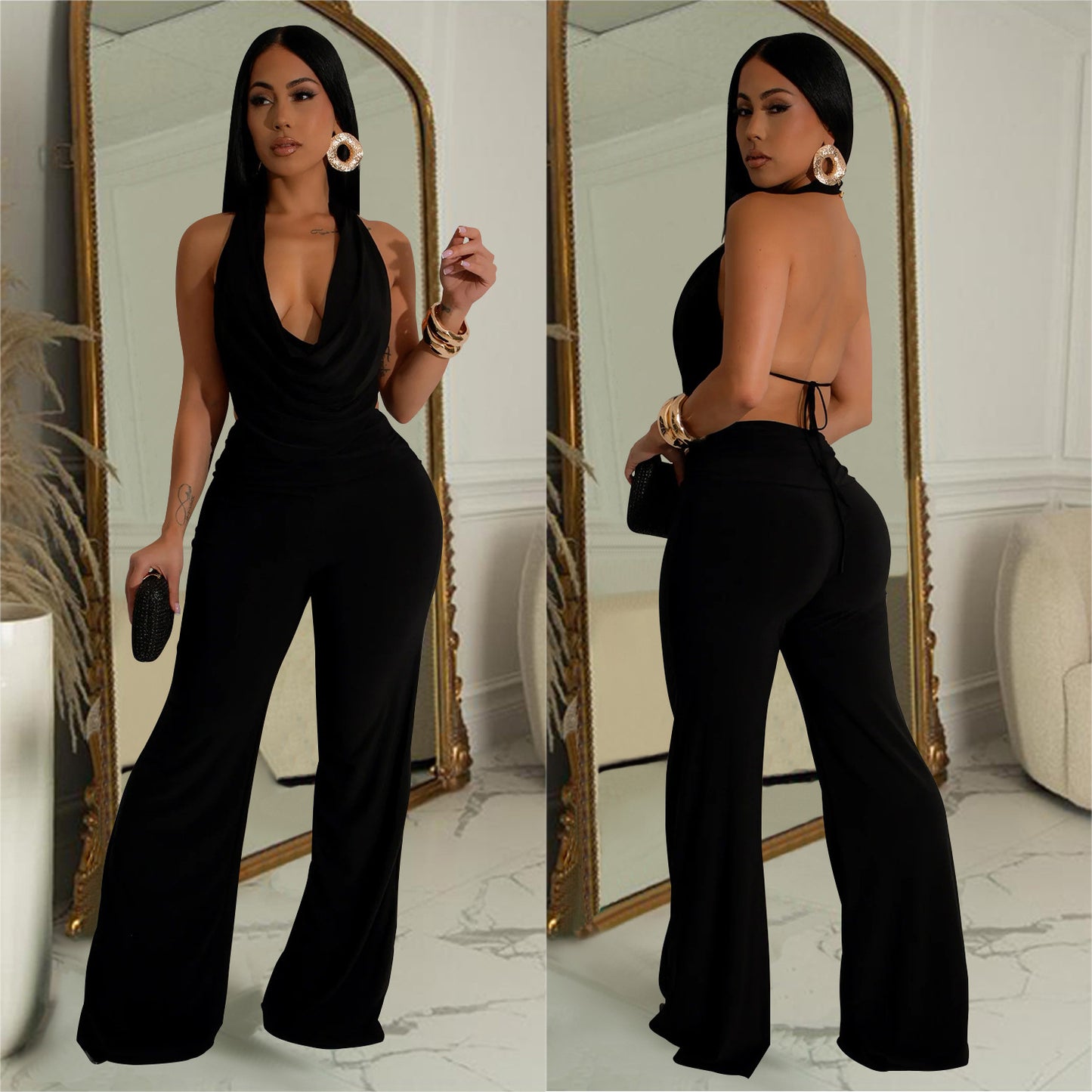 Dame Elegant Jumpsuit med dyb V-udskæring og flydende materiale Stilla