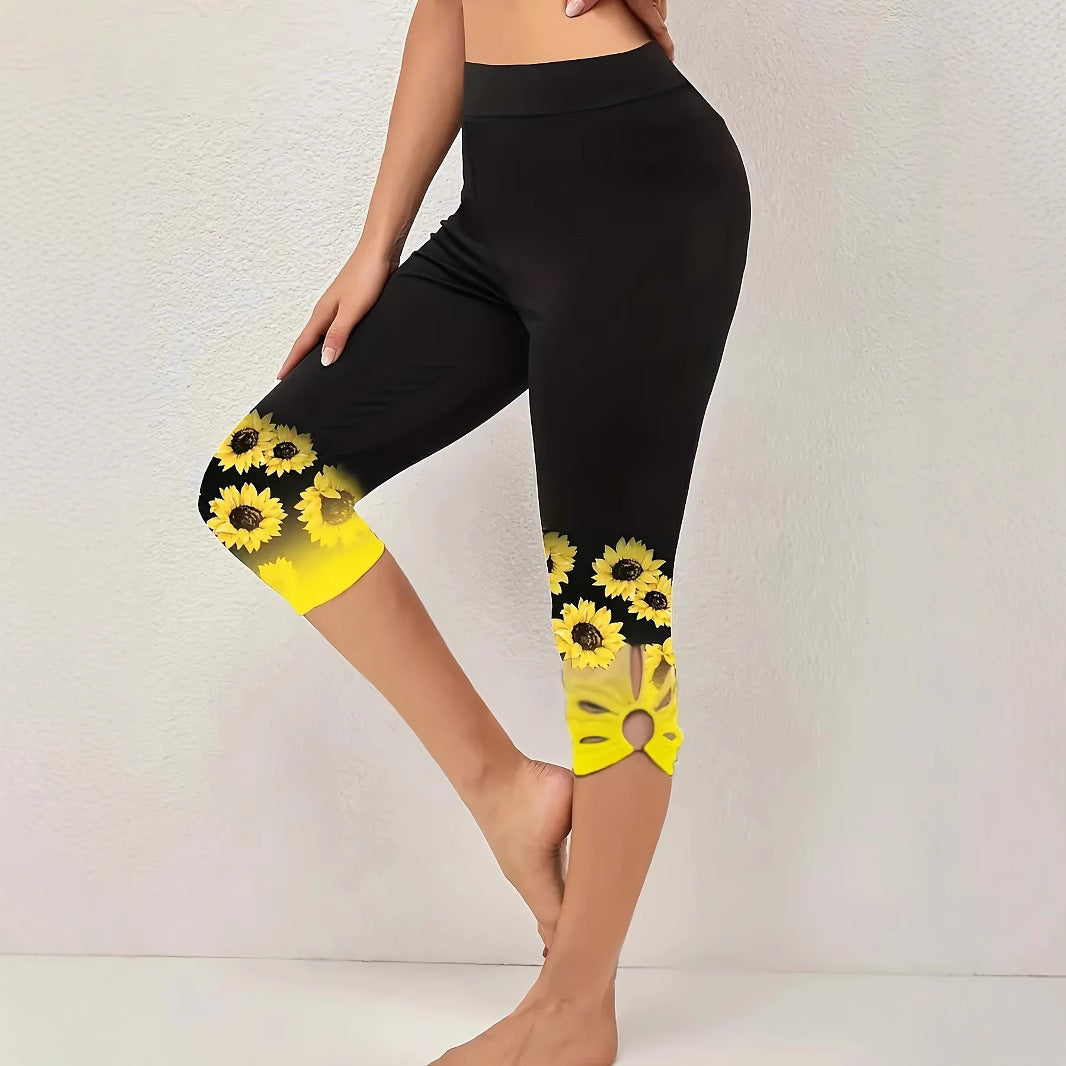 Dame Capri-Leggings med unikt solsikke-design og høj talje Stilla