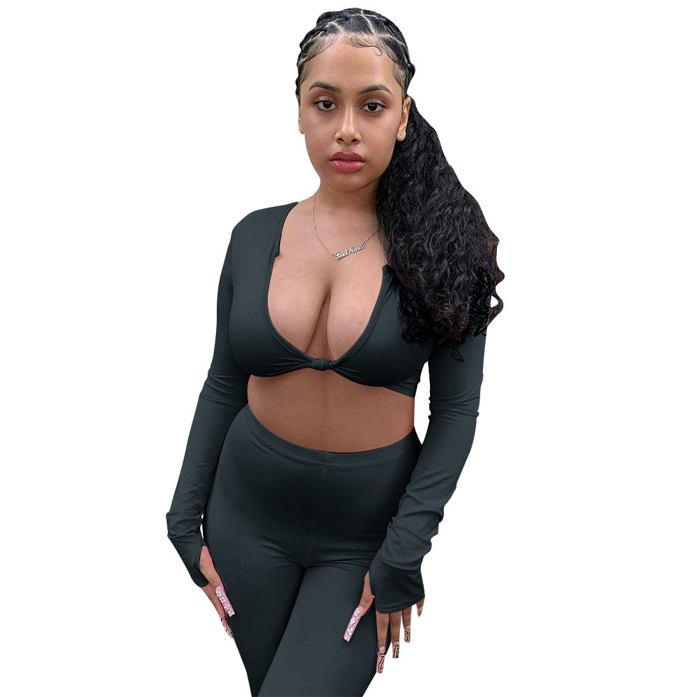 Stilfuldt langærmet crop-top og leggings sæt til damer Stilla