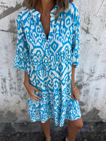 Stilla | Chic Forår Sommer Print Rynket V-Hals Kjole