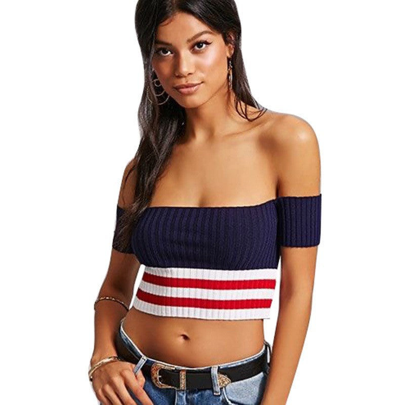 Dame Cropped Top med bred krave og stribemønster Stilla