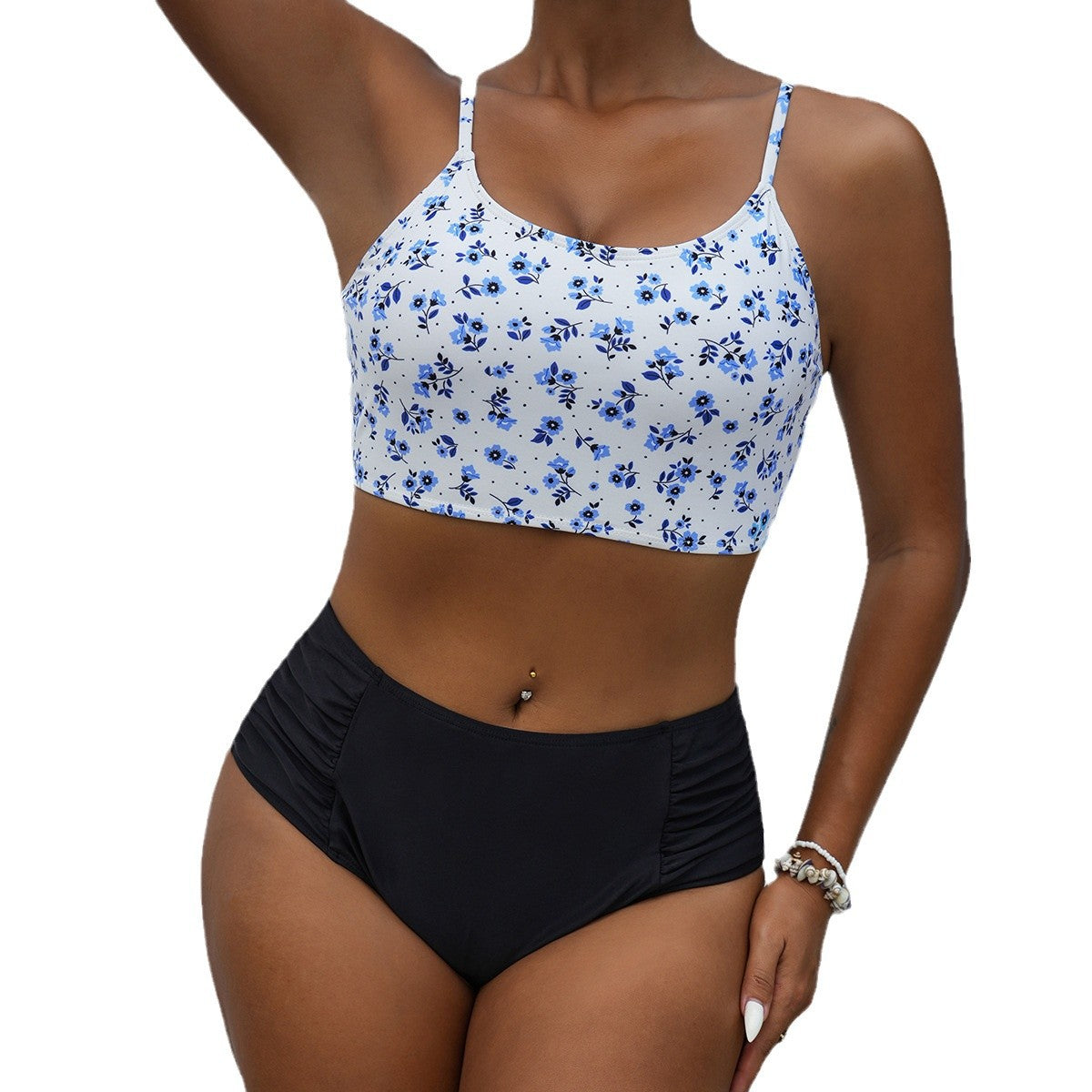 Dame bikini-sæt med figurformende høj talje og blomstret crop-top Stilla