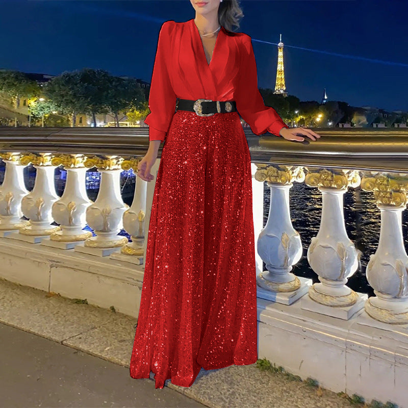 Dame Funklende Aftenkjole med elegant Overdel og glitrende Bunde Stilla
