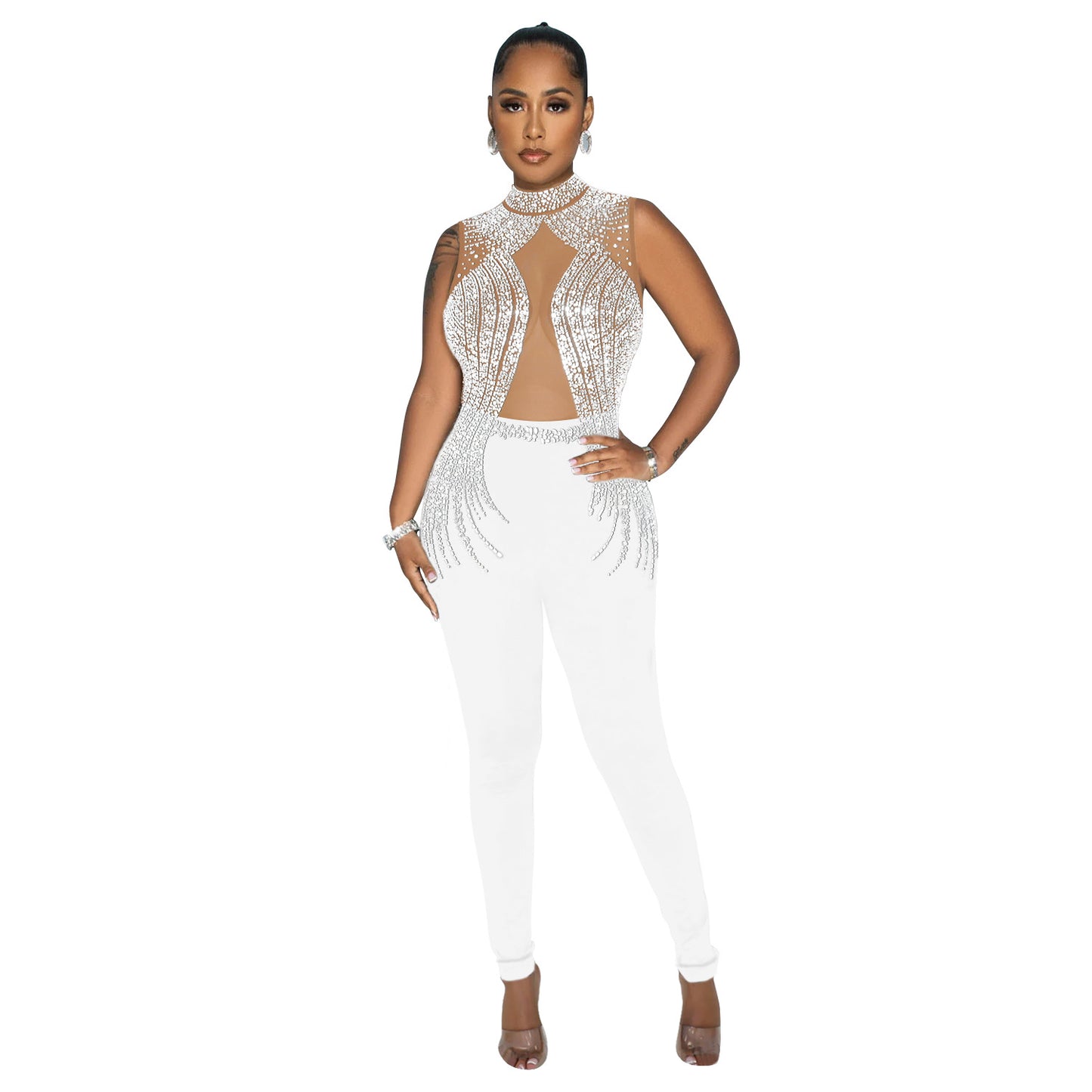 Dame elegant Bodycon jumpsuit med transparente indsatser og strass dekorerede detaljer Stilla