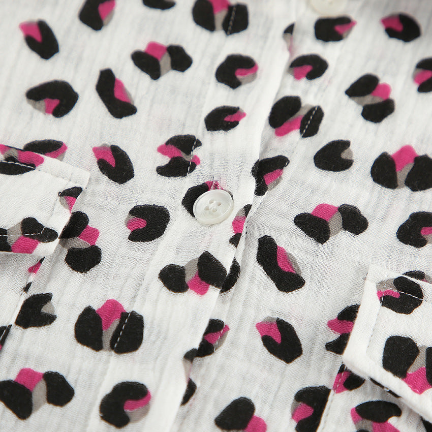 Dame afslappet kortærmet skjorte og shorts sæt med moderne leo mønster Stilla