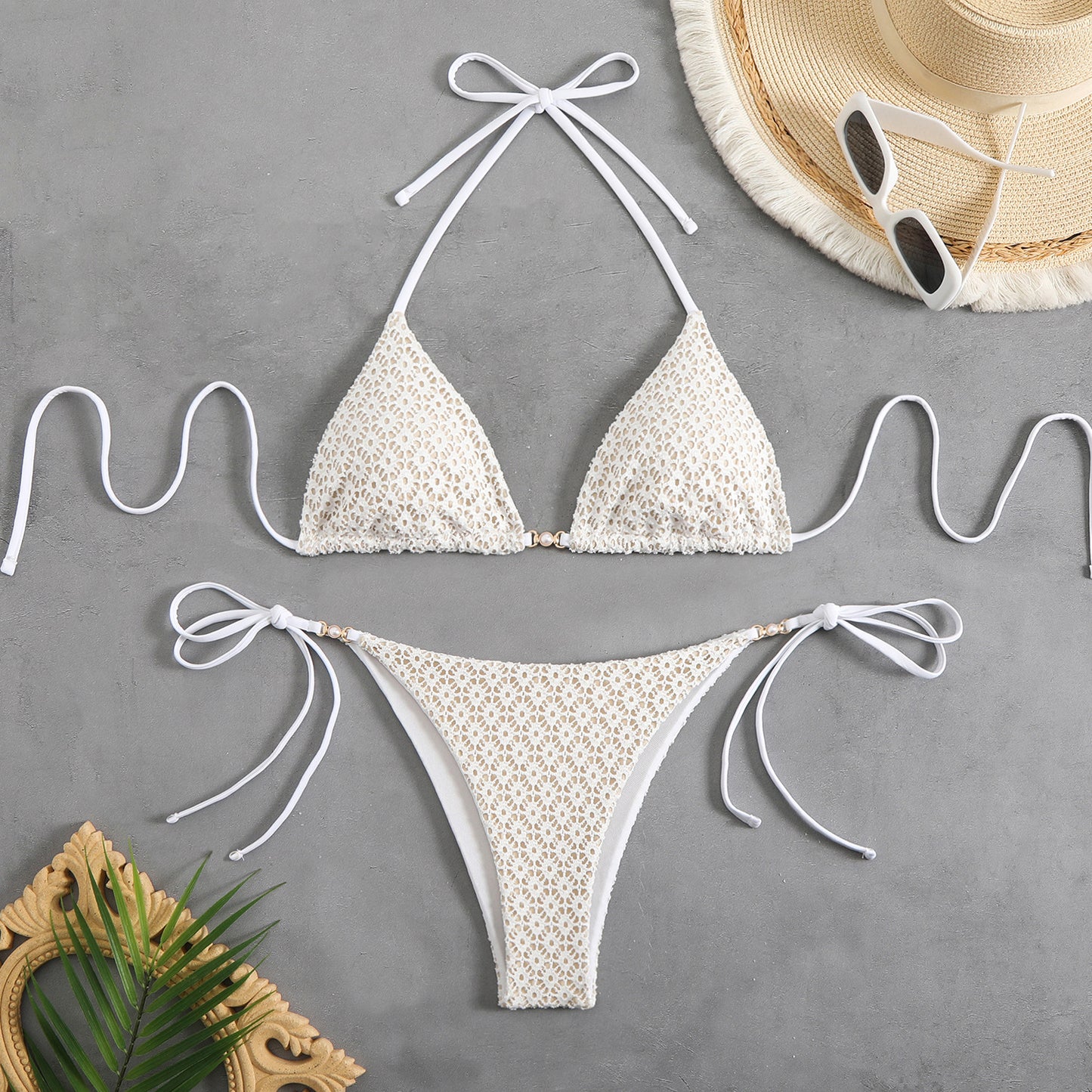Dame Triangel-Bikini med justerbare stropper og fin spidsstruktur Stilla