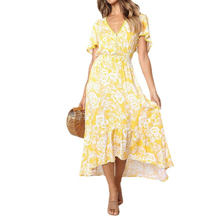 Dame Floral Print Maxi Kjole med Rynkebund Stilla