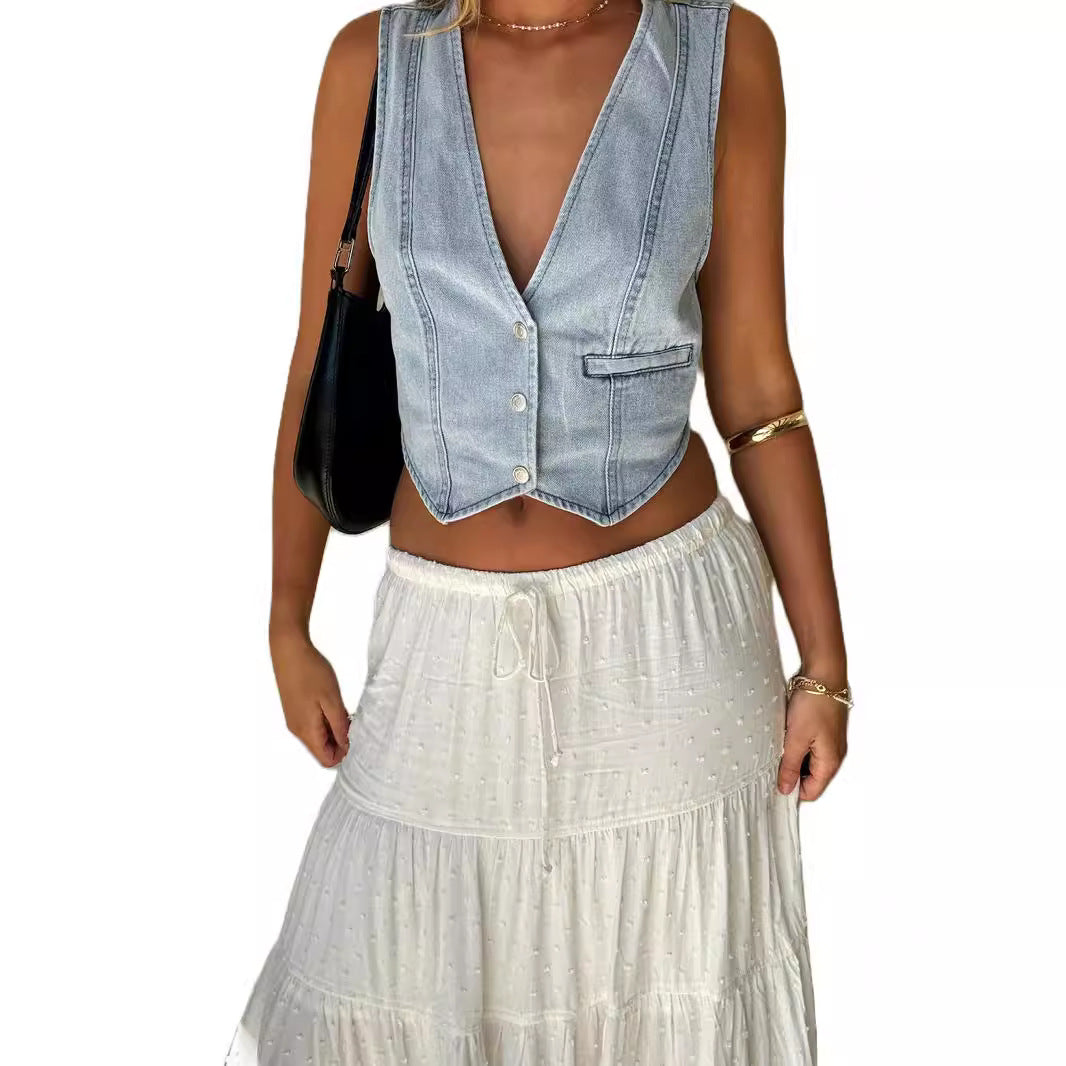 Dame Denim Vest i moderne design med figursyet snit og praktiske lommer Stilla