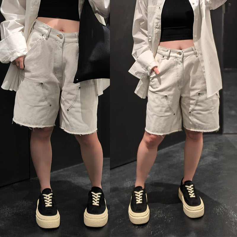 Dame flared jeans shorts med alsidige lommer Stilla