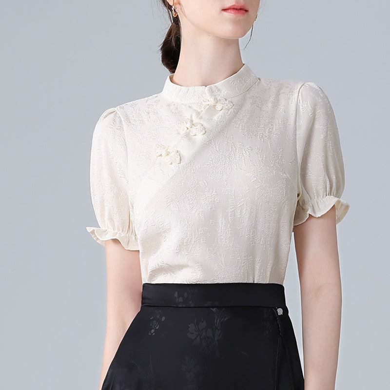 Dame Elegant Bluser T-shirt med asymmetrisk krave og floral struktur Stilla