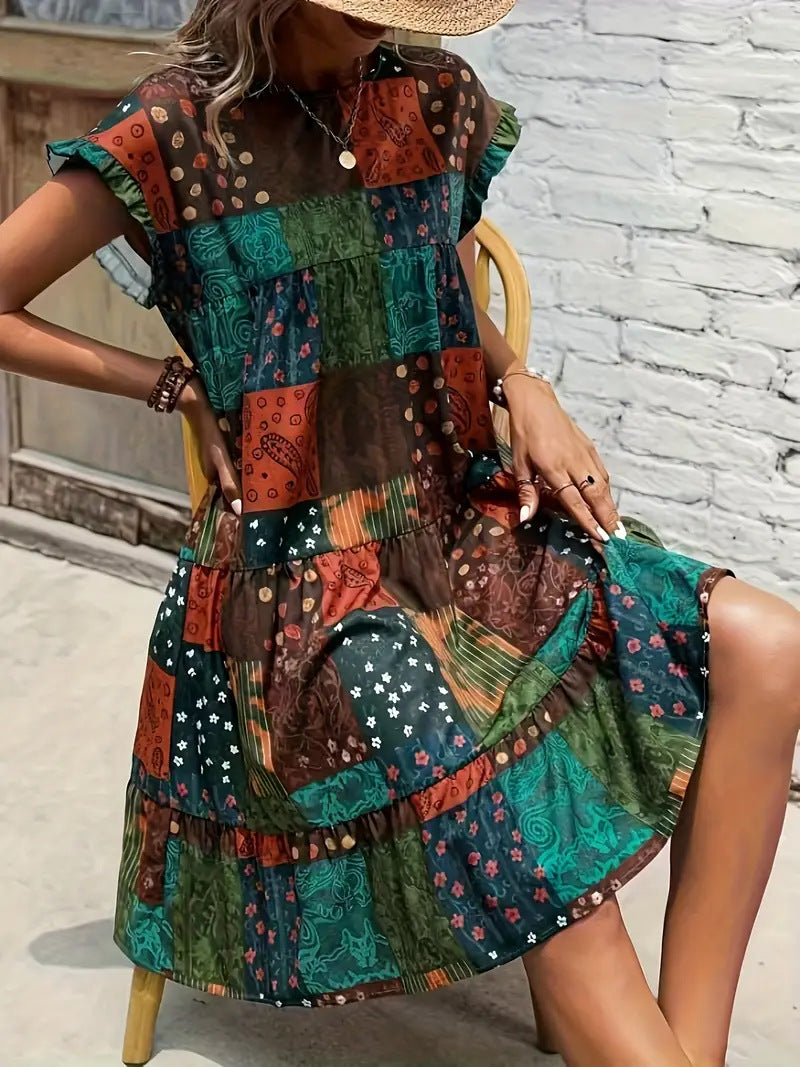 Dame afslappet patchwork-kjole med korte ærmer og smigrende snit Stilla