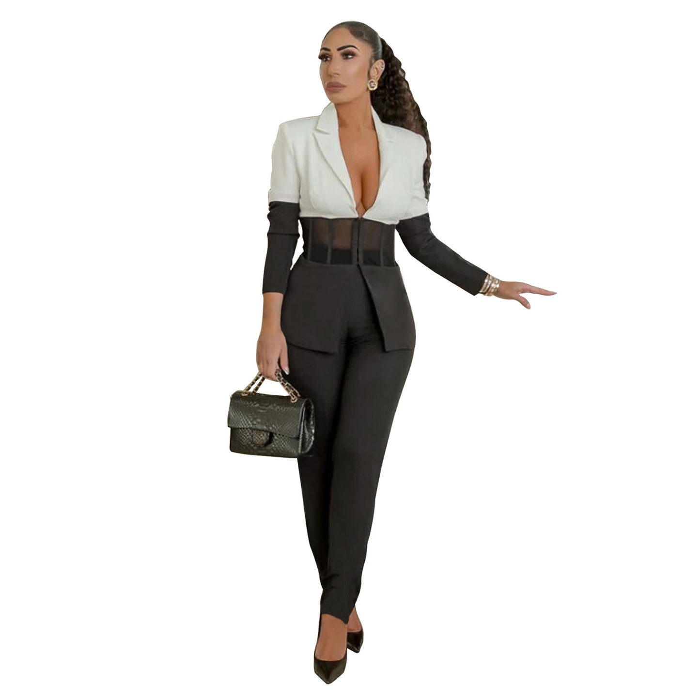 Dame elegant jumpsuit med gennemsigtige indsatser og figursyet silhouette Stilla