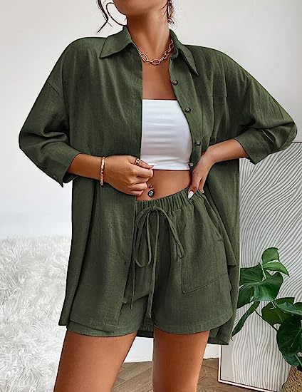 Dame afslappet linned sæt med korte bukser og skjorte Stilla