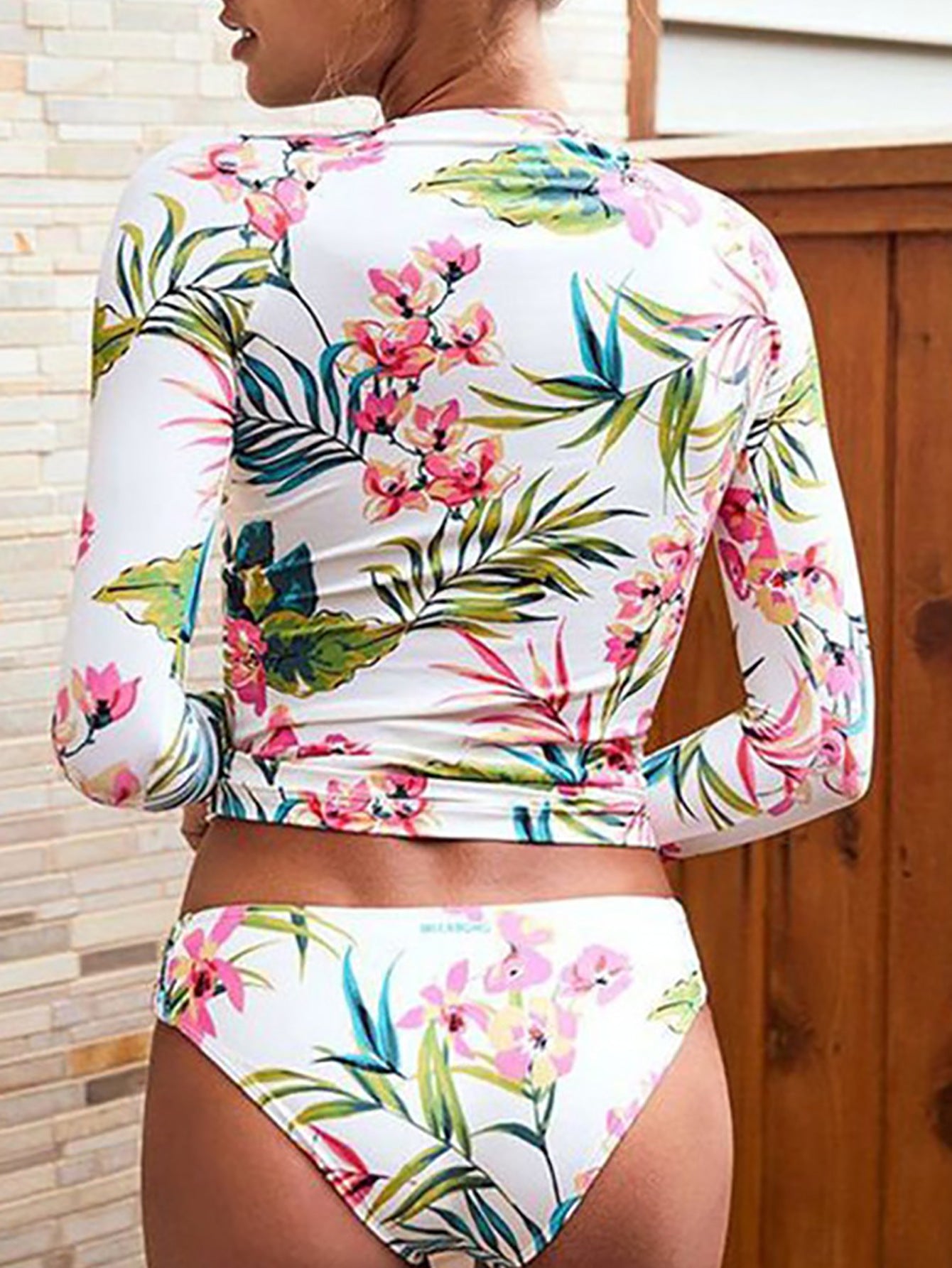 Dame Langærmet Floral Print Badeoverdel og -bundsæt Stilla