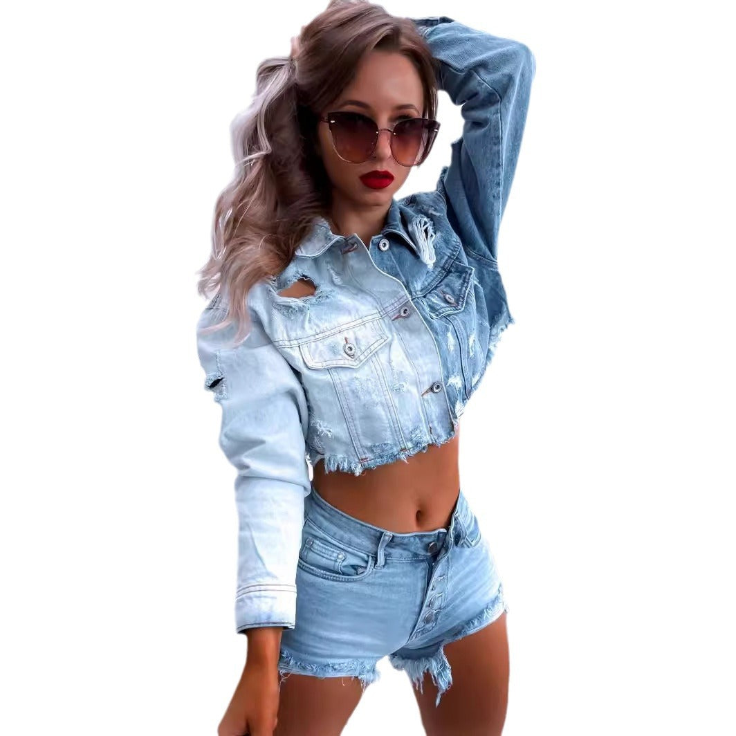 Dame Cropped Denimjakke med frynsede detaljer og trendy Destroyed-look Stilla