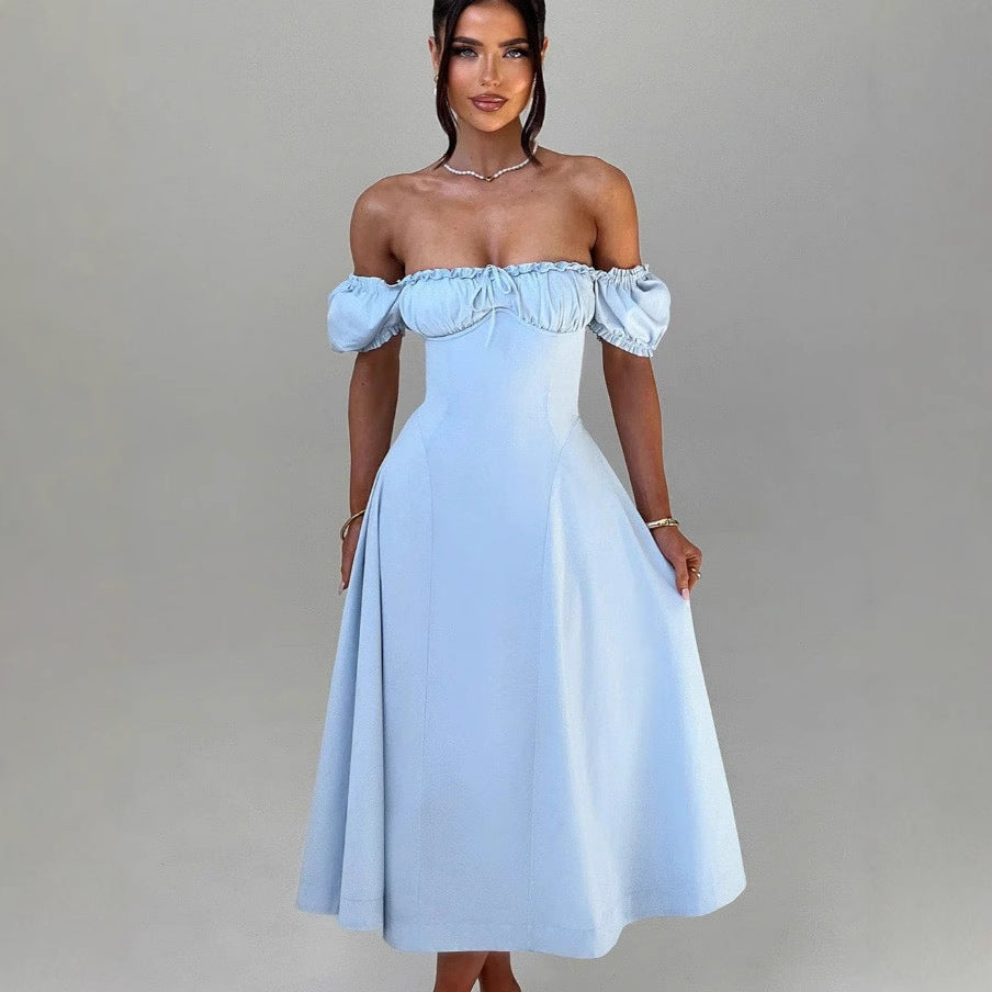 Dame Off-Shoulder Aftenkjole med Puffærmer og figursyet snit Stilla
