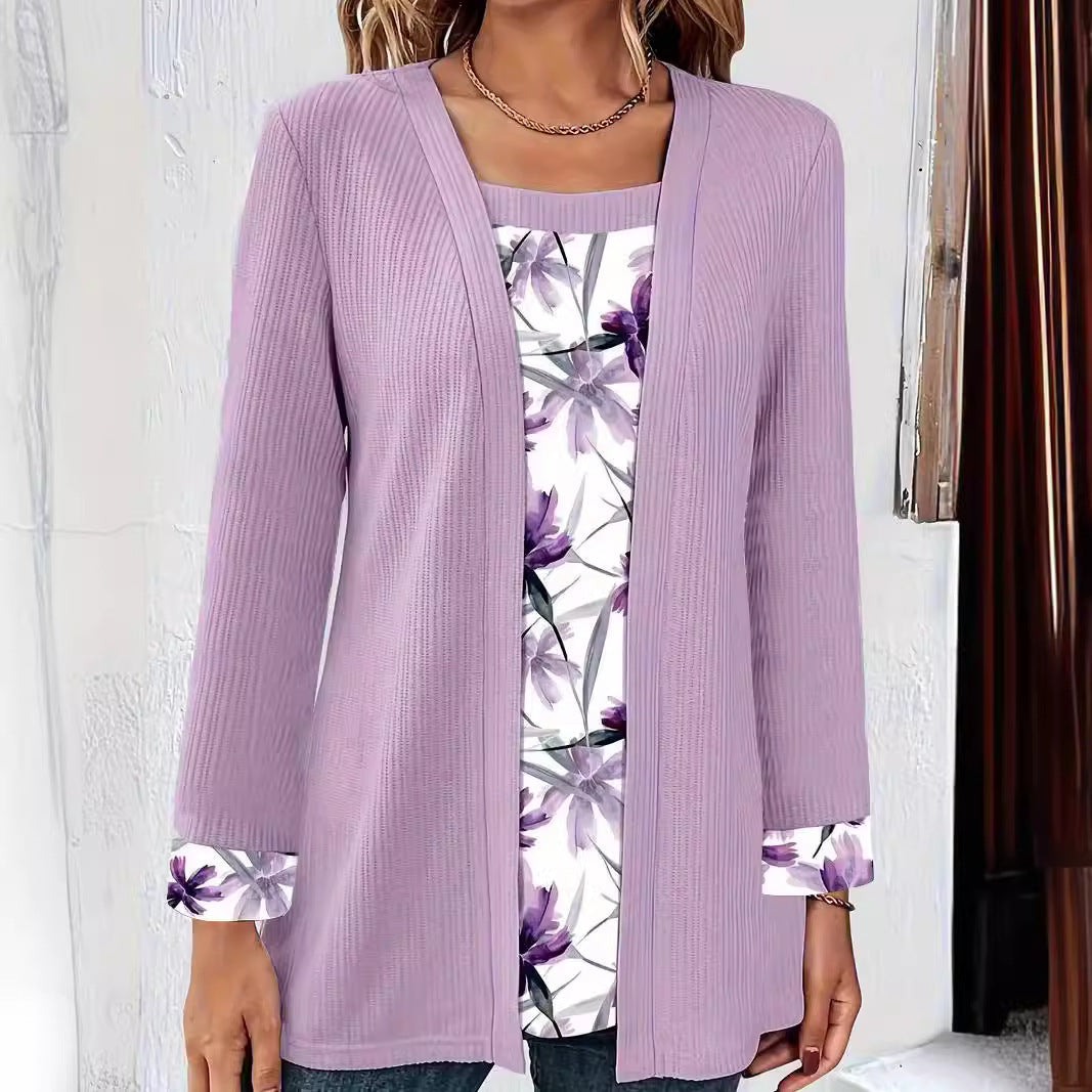 Dame afslappet cardigan med blomstret inderfór Stilla