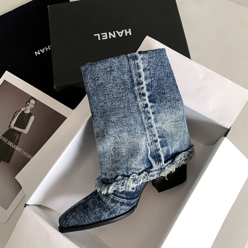 Femme Chic Denim Ankelstøvler med frynset kantdetalje Stilla