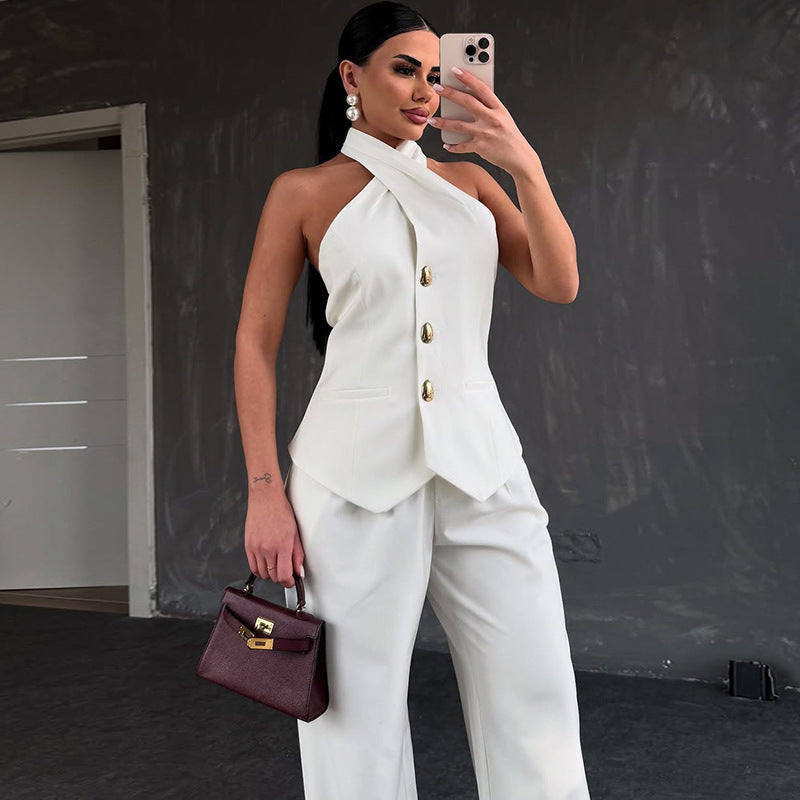 Dame Blazer-Veste Sæt med asymmetrisk U-hals og elegant Knapliste Stilla