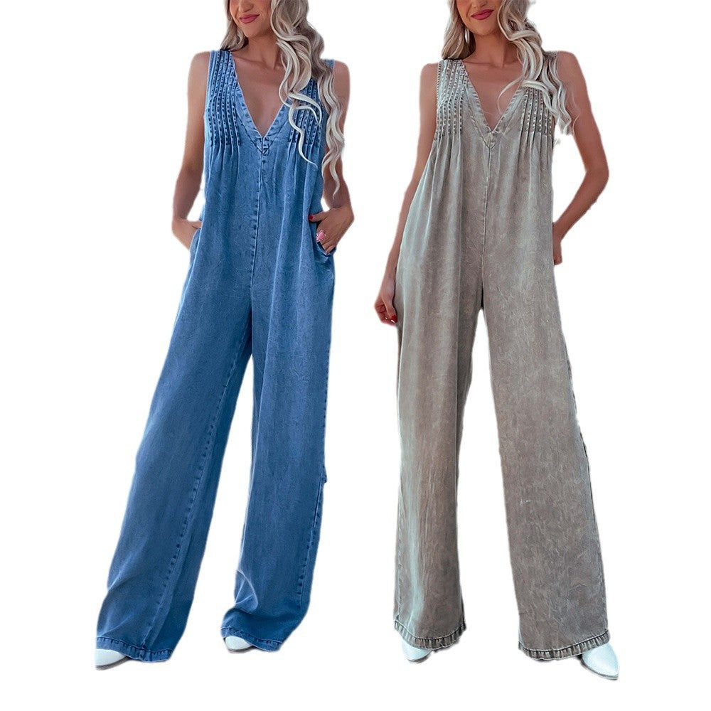 Dame jumpsuit med dyb V-halsudskæring og bredt skåret ben Stilla