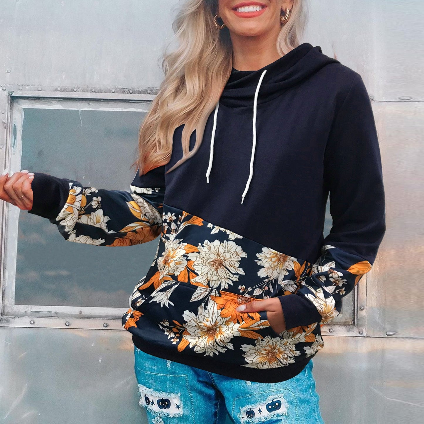 Stilla | O Hals Langærmet Blomsterprint Snoretræk Sweatshirt