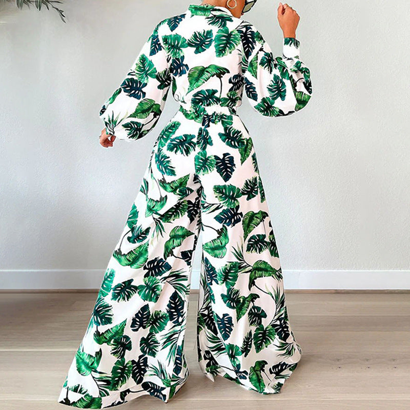 Dame Elegant Jumpsuit med bred ben og blomsterbladmønster Stilla