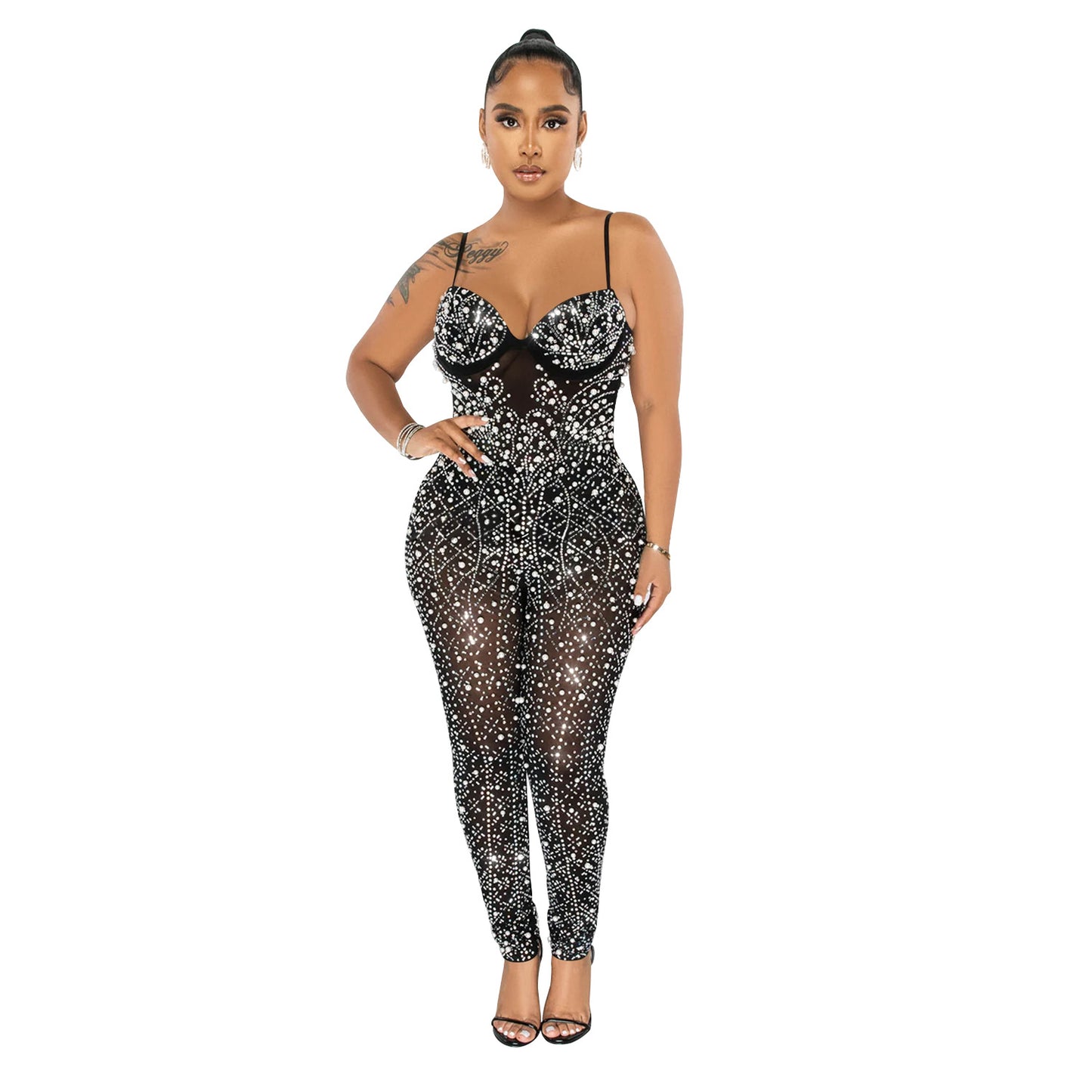 Dame Couture Jumpsuit med strassdekorationer og transparente indsatser Stilla