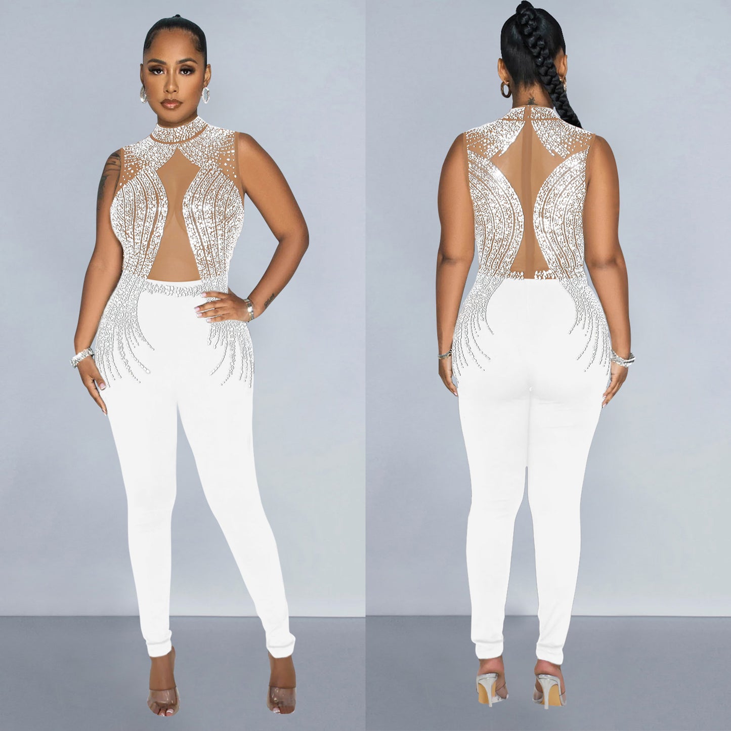 Dame elegant Bodycon jumpsuit med transparente indsatser og strass dekorerede detaljer Stilla