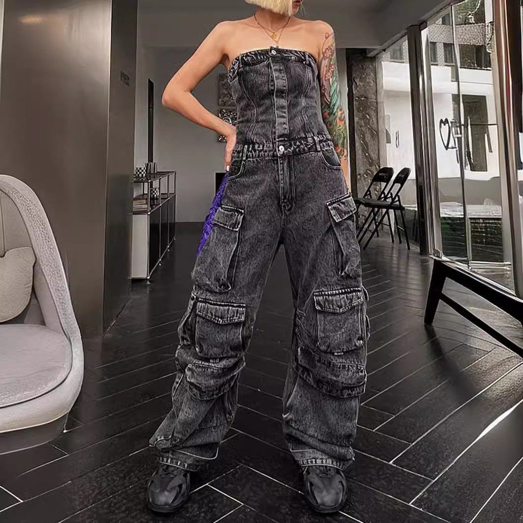 Dame afslappet denim jumpsuit med praktiske cargo-lommer og elegant snit Stilla