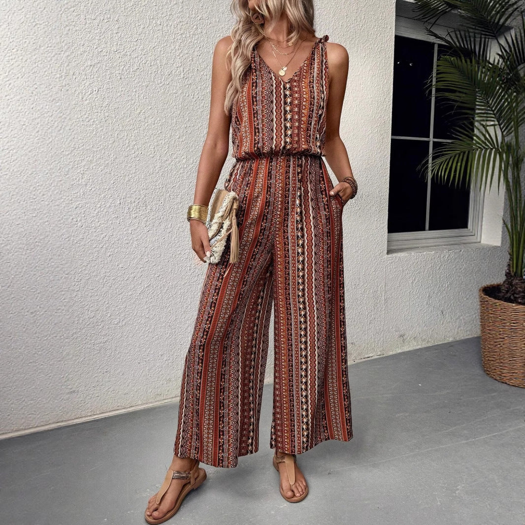 Dame jumpsuit med unikt etno-mønster og bredt ben Stilla