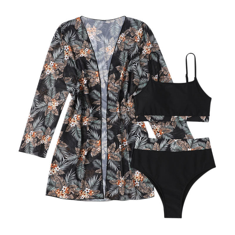 Dame bikini-sæt med høj talje underdele og blomster kimono Stilla