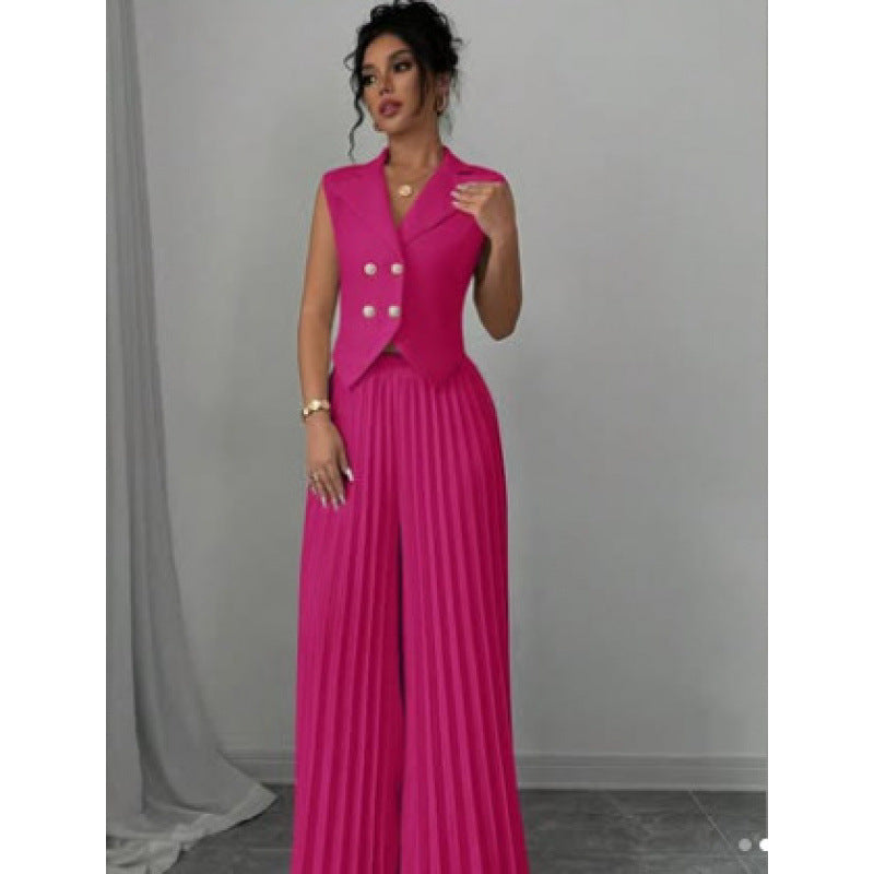 Dame skræddersyet dobbeltknapbar vest og plisseret bukse sæt Stilla