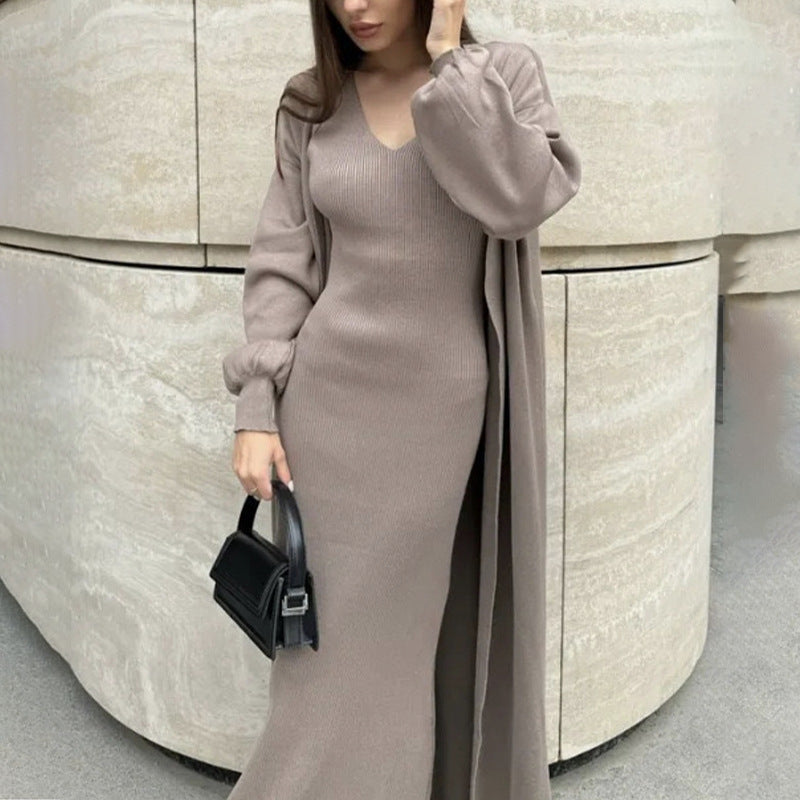 Dame Rippstrik Midi Kjole med elegant Cardigan Stilla