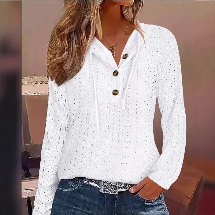 Dame afslappet longsleeve top med dekorative knapper og høj krave Stilla