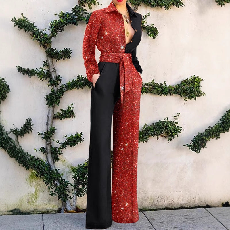Kvinder Elegant Jumpsuit med glitrende overdel og bredt ben Stilla