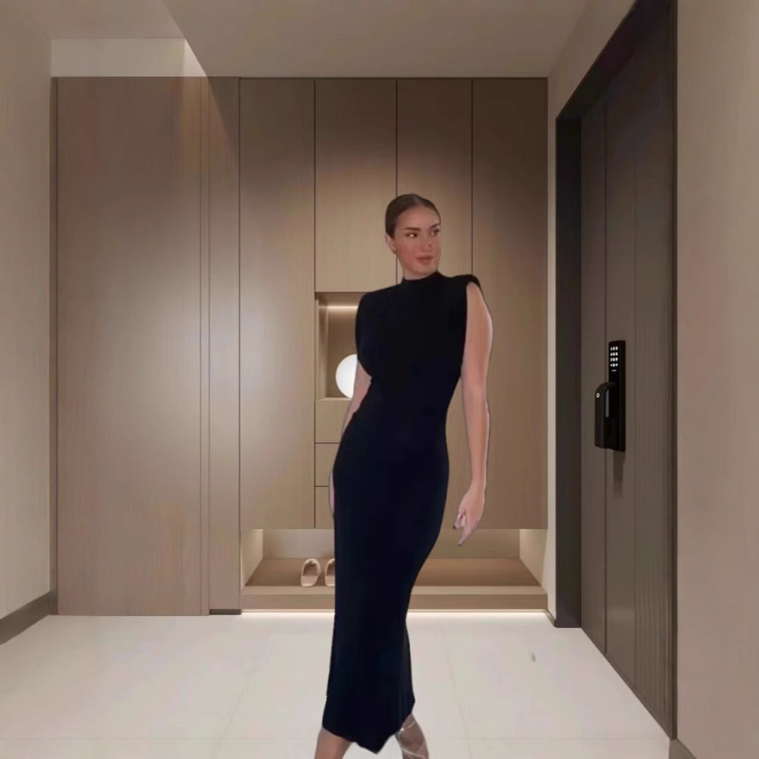 Dame Figurtilpasset Midikjole med elegant Ståkrave og side lommer Stilla