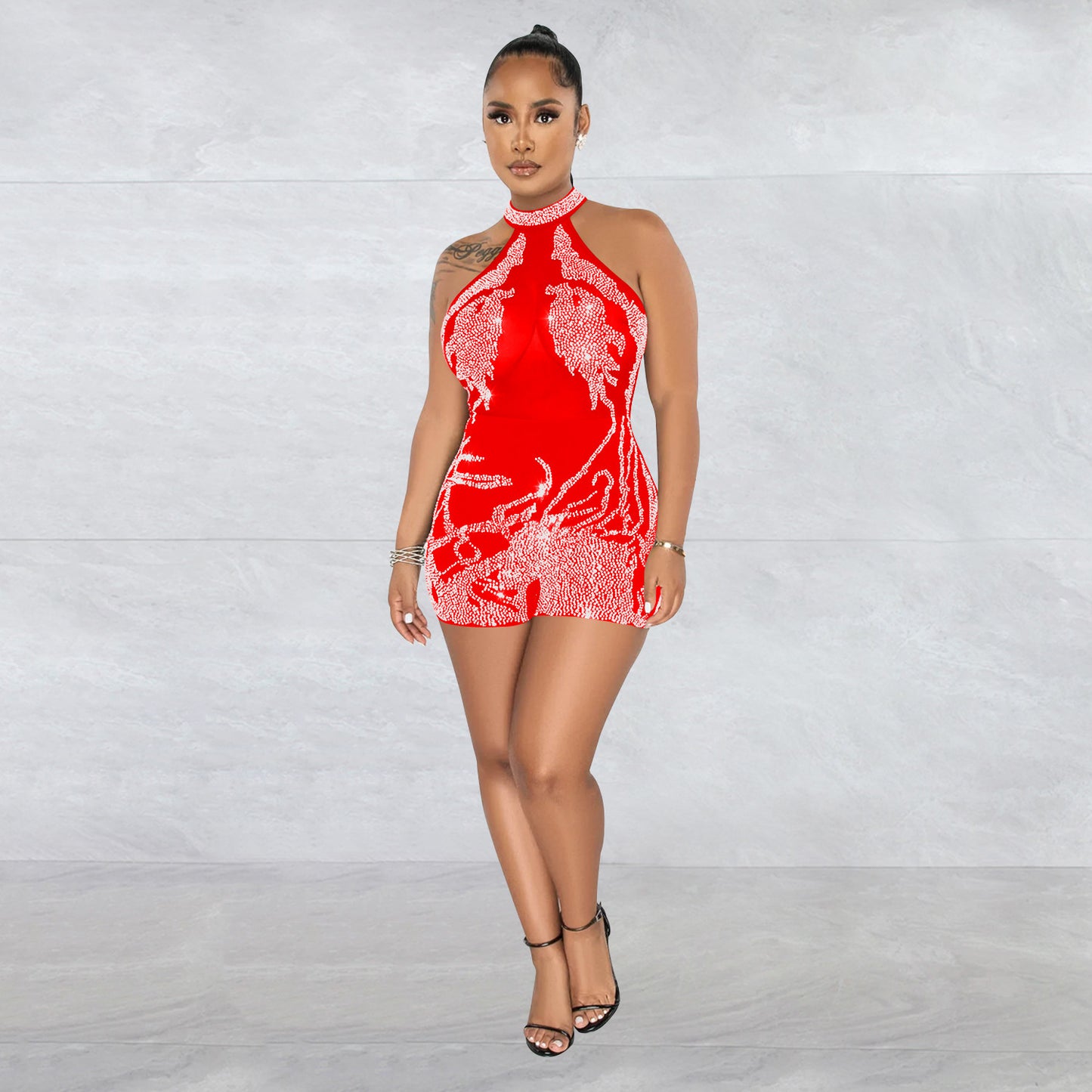 Dame Glamourøs Bodycon Jumpsuit med transparent overmateriale og funkende accenter Stilla