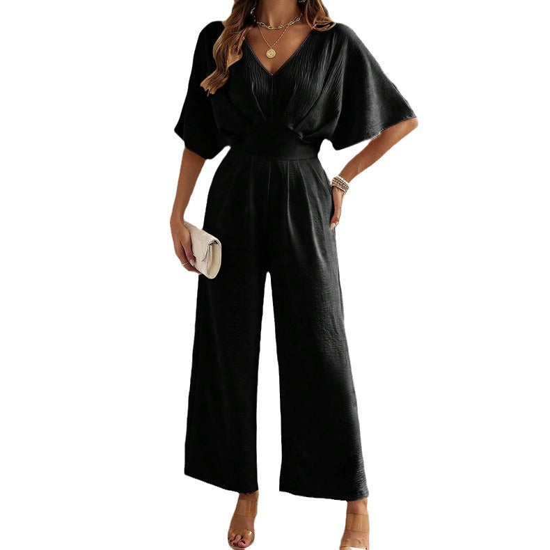 Dame Bredskåret Jumpsuit med elegante Draperinger og V-udskæring Stilla