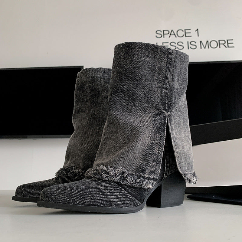 Femme Chic Denim Ankelstøvler med frynset kantdetalje Stilla